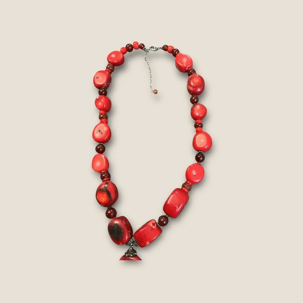 Vintage Artisan Red Dyed Coral Chunky Statement Sterling Silver Necklace